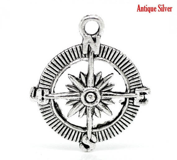 6 Antiqued Silver Tone Pewter COMPASS Charm Pendants . chs0265a