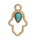 5 Gold HAMSA HAND Charm Pendants, faux turquoise teardrop cabochon, gold plated metal, 22x13mm, chg0507