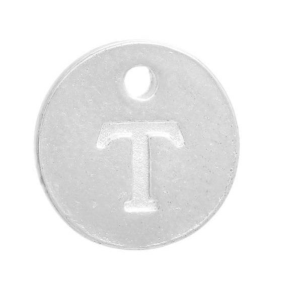 10 Letter T Alphabet Charms Silver Plated Monogram, double sided round disc letter charms, dot charms, 12mm, (1/2") chs2555