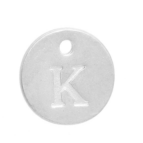10 Letter K Alphabet Charms Silver Plated Monogram, double sided round disc letter charms, dot charms, 12mm, (1/2") chs2548