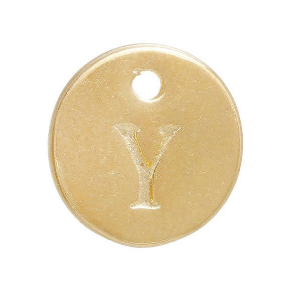 10 Letter Y Alphabet Charms Gold Plated Monogram, double sided round disc letter charms, dot charms, 12mm, (1/2") chg0466