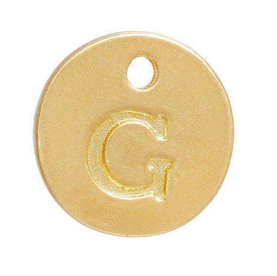 10 Letter G Alphabet Charms Gold Plated Monogram, double sided round disc letter charms, dot charms, 12mm, (1/2") chg0461