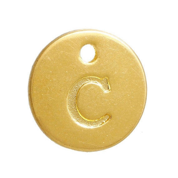 10 Letter C Alphabet Charms Gold Plated Monogram, double sided round disc letter charms, dot charms, 12mm, (1/2") chg0465