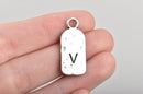 5 Letter V Monogram Initial Letter Stamped Rectangle Tag Charms, Hammered Antiqued Silver Tone Metal, 27x12mm, chs2620