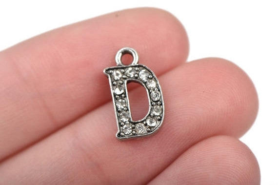 4 Letter D Monogram Initial Letter Charms, Rhinestones embedded in silver metal, 15mm (5/8")  chs2628