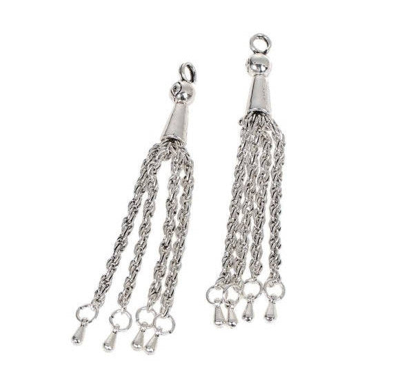 2 Silver Tone ROPE CHAIN Tassel Pendant Charms with teardrop accent charms, about 3" long  chs2414