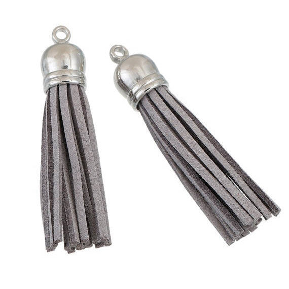 10 HEATHER GREY Suede Tassel Charm Pendants, silver topper, 57mm long (about 2.25") cho0164