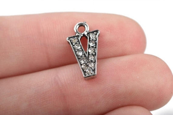 4 Letter V Monogram Initial Letter Charms, Rhinestones embedded in silver metal, 15mm (5/8")  chs2646