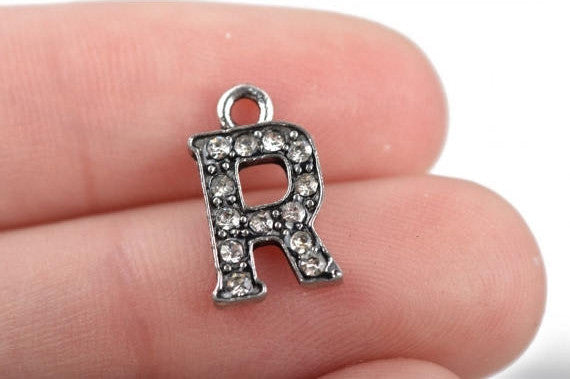 4 Letter R Monogram Initial Letter Charms, Rhinestones embedded in silver metal, 15mm (5/8")  chs2645