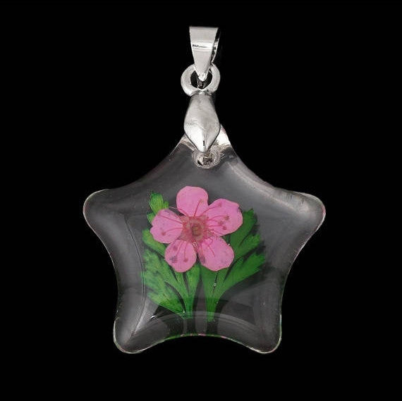 2 Acrylic Pendants, Natural REAL FLOWERS, Pink with leaves, star shape, silver bail, cha0150