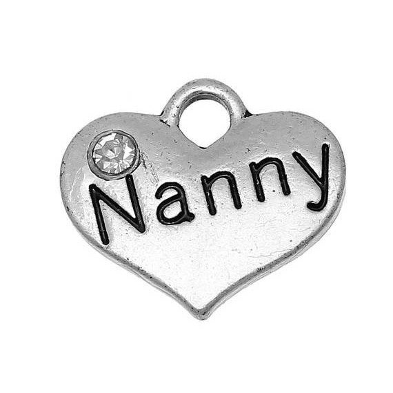 20 bulk Silver Tone Rhinestone "Nanny" Heart Charm Pendants 16x14mm (5/8"x1/2") chs2003