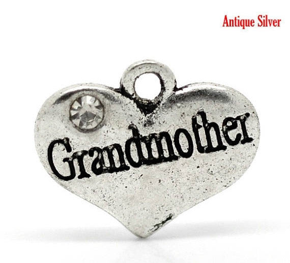 20 bulk Silver Tone Rhinestone " Grandmother " Heart Charm Pendants 16x14mm (5/8"x1/2"). Chs0874b