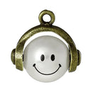 4 Bronze HAPPY FACE Smiley Face Charm Pendants, antiqued bronze metal, moveable, pearl rotates, faux pearl, chb0383