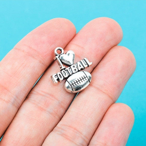 10 I LOVE Football Charms Heart Silver Metal 20mm x 18mm.  chs0237