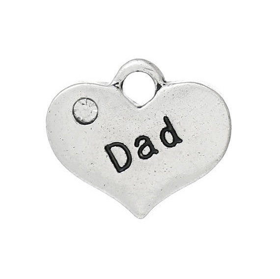 1 Dad Charms, Dad Heart Pendant, Antique Silver Rhinestone  17x15mm  chs1960a