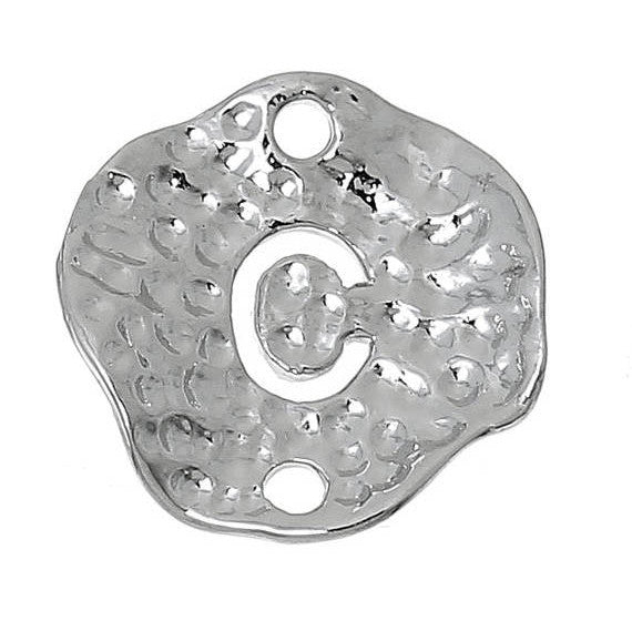 5 Silver letter C connector Charms, Monogram C Charms, Alphabet C, hammered metal, 1/2" diameter domed connector links, findings, chs2361