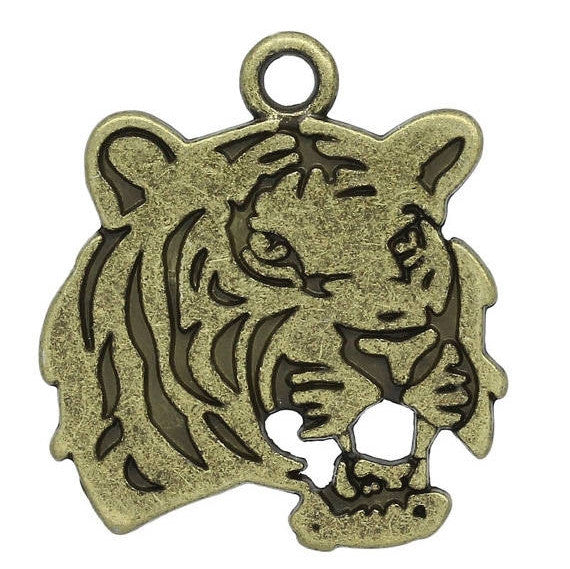 10 Antique Bronze Metal TIGER Charm Pendants. CHB0189