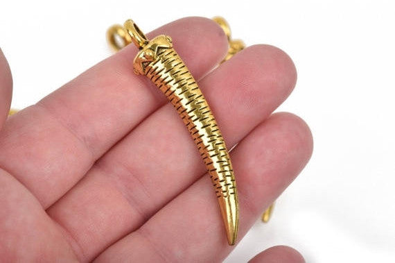 4 Large HORN or CLAW Tusk Charm Pendants, gold oxidized, 60mm long, 2-3/8" chg0451