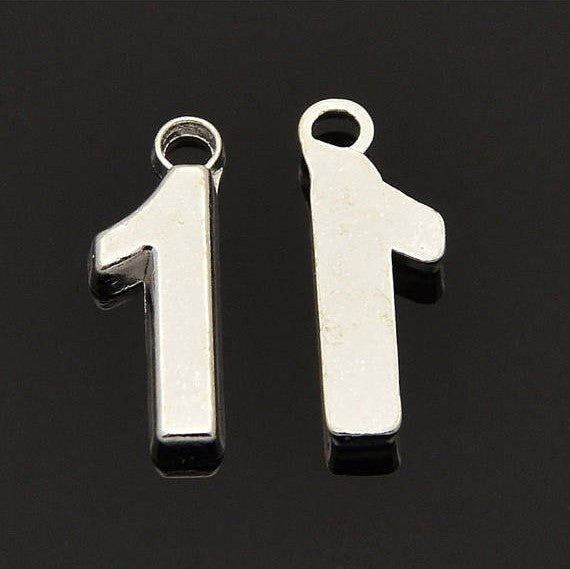 6 Silver Plated Number 1 (one) Charms, 18mm tall, about 3/4" chs2111