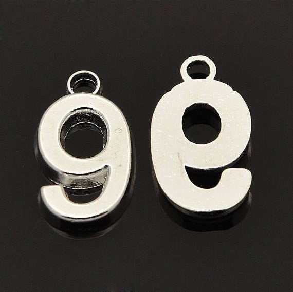 6 Silver Plated Number 9 (nine) Charms, 18mm tall, about 3/4" chs2141