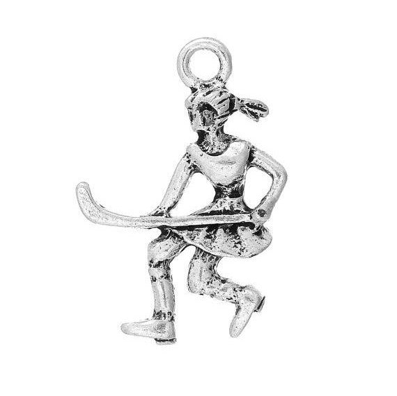 10 Antique Silver Female FIELD HOCKEY Player Charm Pendants  chs1526