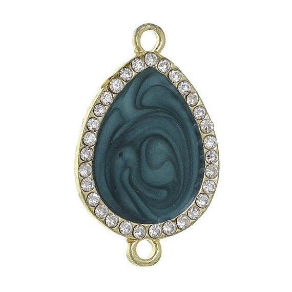 5 PEACOCK TEAL Blue Teardrop Connector Links, Charm Pendants, gold plated, swirl enamel with rhinestones, 1.25" long chg0325