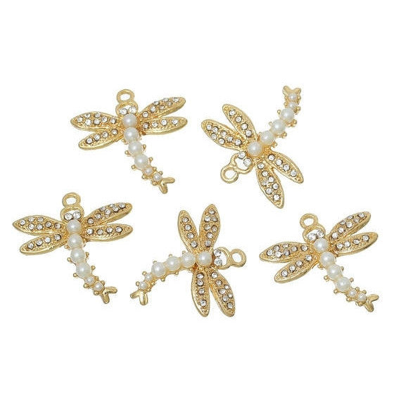 2 Gold DRAGONFLY Charm Pendants, faux pearls and crystals, 1" long chg0271