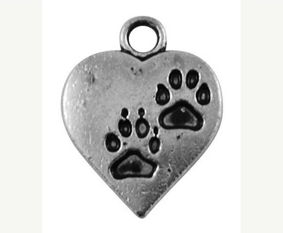 10 Small Silver Pewter PAW PRINT Heart Charm Pendants chs1597