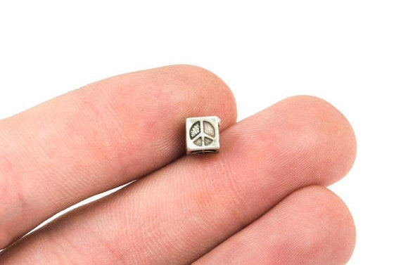 PEACE SIGN Peace Symbol Sterling Silver Block Bead, Square Cube, 5.5mm, pms0363