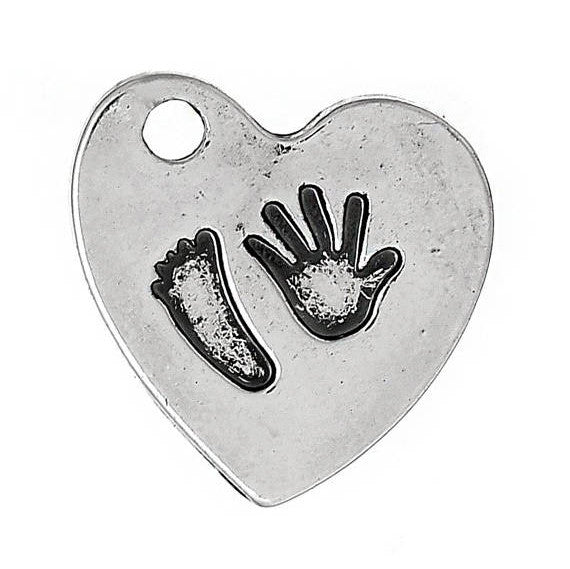 5 Stamped Baby Handprint and Footprint HEART Pewter Charms Pendants chs1829