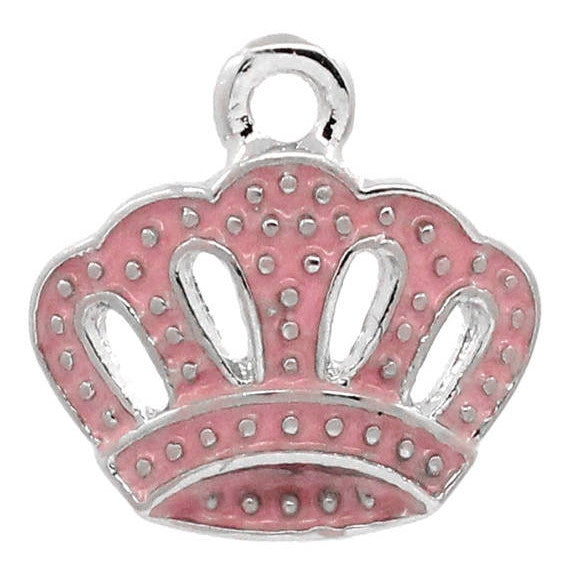 10 Silver Pewter Pink Enamel PRINCESS CROWN  Charm Pendants. Che0042