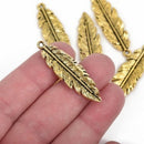 10 Gold FEATHER Charms, GOLD oxidized metal charms, gold feather pendants, 41x12mm, 1-5/8" long chg0580