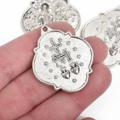 4 Silver Relic Charm Pendants, religious medal coin charms, Silver plated metal, double sided design, 40x34mm, chs2833