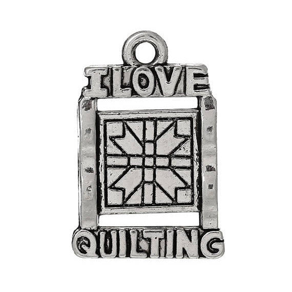 10 Silver Tone Metal I LOVE Quilting Charms or Pendants chs1298