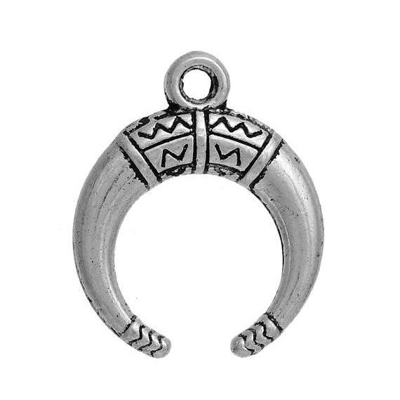 50 HORN Charm Pendants, Antique Silver Metal, Double Horn, Crescent Moon Charms, Atlantis jewelry, 18x15mm, bulk pack, chs2685b