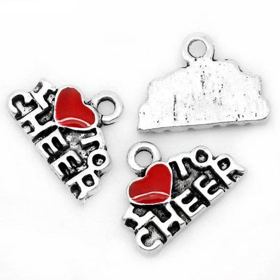 10 Silver Metal and Red Enamel I LOVE to Cheer Heart Charm Pendants che0215