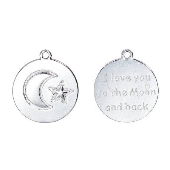 10 Silver MOON and STAR Charm Pendants, Stamped with "I love you to the moon and back" 23x20mm, chs2450