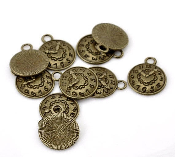 10 Antique Bronze CLOCK FACE Charm Pendants. 15X12mm.  Chb0069