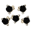 5 BLACK ROSE Charm Pendants, small gold plated, resin rose with rhinestones, 15x13mm, chg0320