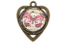 4 Bronze Butterfly Heart Charm Pendants, PINK SPOTTED Butterfly, glass cabochon dome, 1" wide chb0480