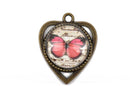 4 Bronze Butterfly Heart Charm Pendants, BRIGHT PINK Butterfly, glass cabochon dome, 1" wide chb0474