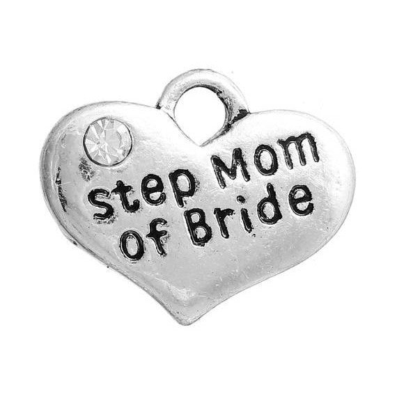 1 Silver Tone Rhinestone " Step Mom of Bride " Heart Charm Pendant 16x14mm chs2662