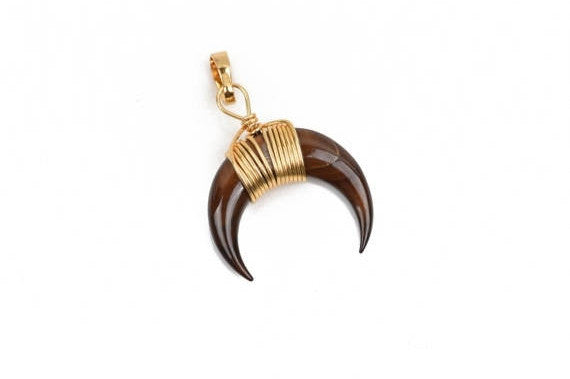 TORTOISESHELL BROWN Double Horn Charm Pendant, Crescent Horn, Gold Wire Wrap, Upside Down Moon, Dyed Shell, 20mm (3/4") cho0193