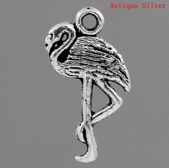 10 Silver Pewter FLAMINGO CRANE Bird Charm Pendants . chs0708