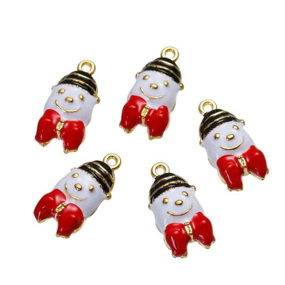 5 SNOWMAN Christmas Charms or Pendants, Puffed Snowman, Gold Plated with enamel, 7/8" chg0430