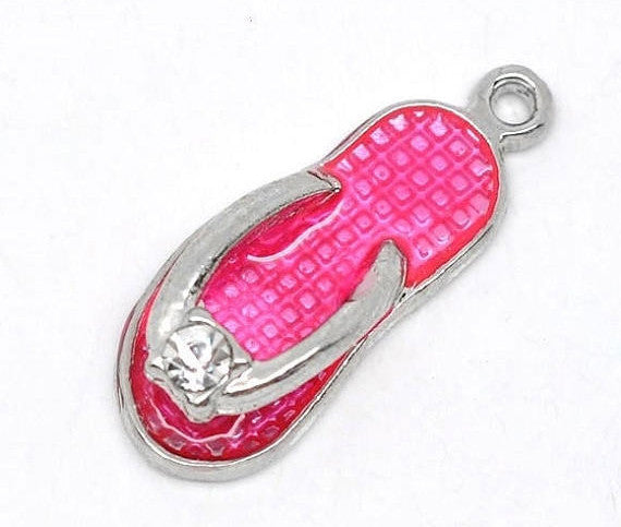 10 Silver Tone Hot Pink Enamel Rhinestone FLIP FLOP Shoes Charm Pendants. 23x9mm. Che0091b