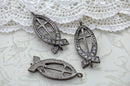 1 Rhinestone Sideways ICTHYS FISH and Cross Charm Connector, gunmetal base and clear crystals cho0062