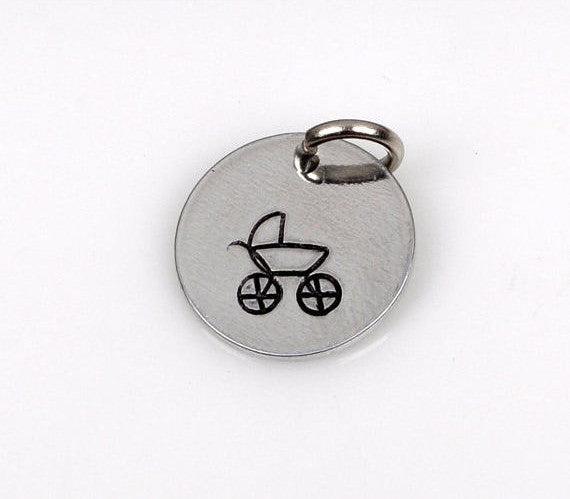 BABY CARRIAGE Hand Stamped Disc Charm Pendant, Pram, Baby Buggy, Stroller, baby shower, 1/2"