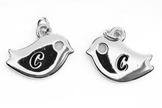 Monogram C Silver plated BIRD lower case letter charm, personalized alphabet monogram, double sided charm, 16x12mm, chs2497