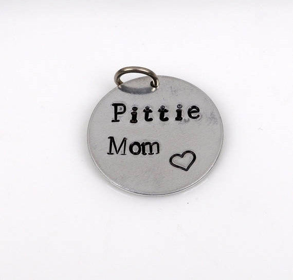 PITTIE MOM Hand Stamped Disc Charm Pendant, pitbull dog charms, 3/4" diameter